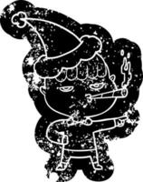 ícone angustiado dos desenhos animados de um homem fumando usando chapéu de papai noel vetor
