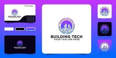 inspiração de logotipo de design de tecnologia de construção com linhas de conexão rotativas e design de cartão de visita vetor