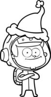 desenho de linha de astronauta feliz de um chapéu de papai noel vetor