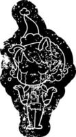 ícone angustiado dos desenhos animados de uma garota alienígena chorando usando chapéu de papai noel vetor