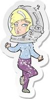 adesivo retrô angustiado de uma mulher de desenho animado usando capacete espacial vetor