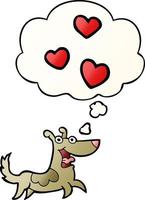 cão de desenho animado com corações de amor e balão de pensamento em estilo gradiente suave vetor