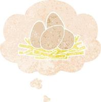 ovos de desenho animado no ninho e balão de pensamento em estilo retrô texturizado vetor