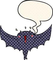 desenho animado morcego-vampiro feliz e bolha de fala no estilo de quadrinhos vetor