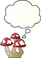 cogumelos de desenho animado e balão de pensamento em estilo gradiente suave vetor