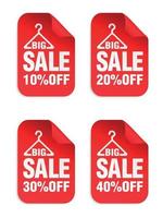 adesivos de venda vermelha com cabides para roupas. grande venda 10, 20, 30, 40 por cento de desconto vetor