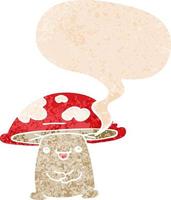 personagem de cogumelo de desenho animado e bolha de fala em estilo retrô texturizado vetor