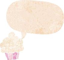 cupcake de desenho animado e bolha de fala em estilo retrô texturizado vetor