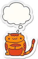 gato bonito dos desenhos animados e balão de pensamento como um adesivo impresso vetor