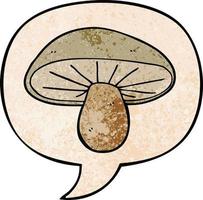 cogumelo de desenho animado e bolha de fala no estilo de textura retrô vetor