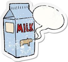 caixa de leite dos desenhos animados e adesivo angustiado de bolha de fala vetor