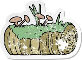 vinheta angustiada de um velho log de desenho animado com cogumelos vetor
