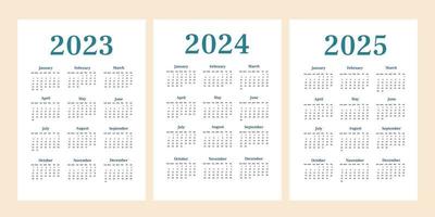 calendário simples 2023, 2024,2025 definido. vertical uma folha com todos os meses. semana começa no domingo. a4 a3 a2 a5. vetor design minimalista