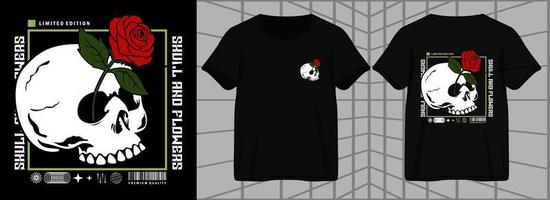 crânio e flores vermelhas. design gráfico estético para camiseta street wear e estilo urbano vetor