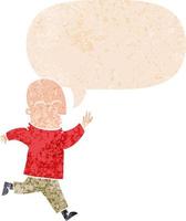 homem de desenho animado correndo e bolha de fala em estilo retrô texturizado vetor