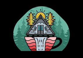 cabana de madeira e pinheiros em forma de xícara de café com ilustração de cachoeira vetor