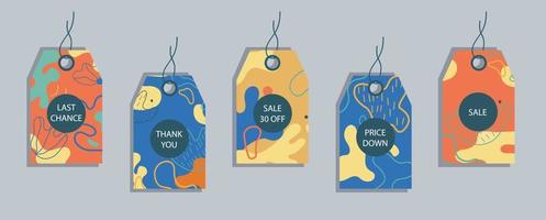 conjunto de etiquetas de preço com desconto. rótulos com fundo abstrato. modelo para tags de compras. distintivo de venda promocional.
