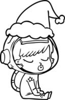 desenho de linha de uma linda garota astronauta sentada esperando usando chapéu de papai noel vetor