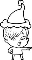 desenho de linha de uma garota surpresa apontando usando chapéu de papai noel vetor