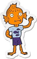 adesivo de um desenho animado acenando peixe menino vetor