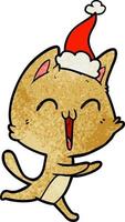 feliz desenho texturizado de um gato miando usando chapéu de papai noel vetor