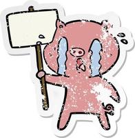 vinheta angustiada de um desenho animado de porco chorando com sinal de protesto vetor