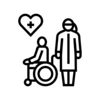 ajudando e cuidando de pessoas com deficiência em ilustração vetorial de ícone de linha em casa vetor