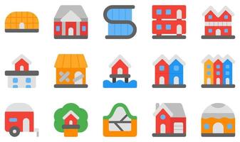 conjunto de ícones vetoriais relacionados ao tipo de casas. contém ícones como proprietário, mansão, casa moderna, cobertura, cabana, palafita e muito mais. vetor