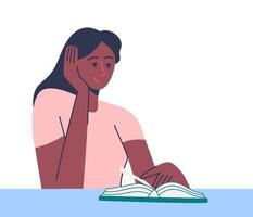 jovem está sentada lendo um livro. o conceito de estudo, trabalho, educação. jovem ou estudante que é fã de literatura aproveita seu tempo enquanto lê livros. festival do livro. ilustração vetorial vetor