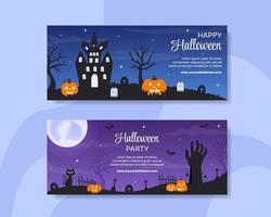 modelo de banner horizontal de festa à noite de halloween ilustração plana de desenhos animados desenhados à mão vetor