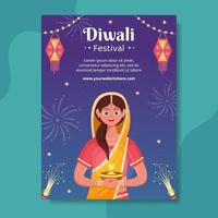 modelo de cartaz do dia de diwali indiano comemorando ilustração plana de desenho animado desenhado à mão vetor