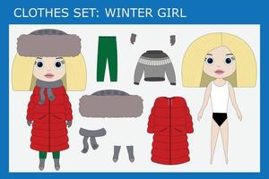 um conjunto de roupas para uma linda menina para o inverno vetor