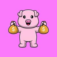 porco bonito segurando a ilustração do ícone dos desenhos animados do saco de dinheiro. conceito de desenho animado plano de finanças animais vetor