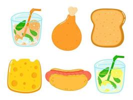 conjunto de personagens de fast food feliz engraçado. ilustração de personagem de desenho animado kawaii de mão desenhada. fundo branco isolado. linda limonada, coxa de frango, queijo, torradas, pão, cachorro-quente, suco