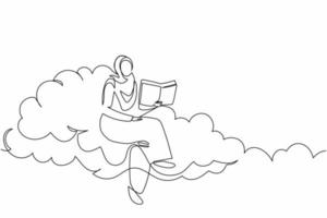 uma única linha desenhando uma empresária árabe inteligente sentada na nuvem e lendo o livro. cursando ensino superior para trabalhador. buscar o crescimento na carreira. ilustração em vetor gráfico de desenho de linha contínua