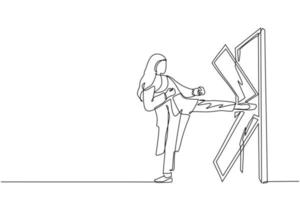 empresária árabe de desenho de linha contínua chuta a porta até a porta quebrar. mulher chutando a porta trancada e destruir. conceito de negócio de superar obstáculos. vetor de design de desenho de linha única