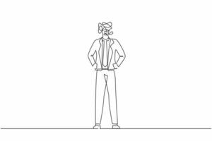empresário de desenho de linha contínua única com rabiscos redondos em vez de cabeça. gerente masculino em pé e segurando a mão no quadril. pose de trabalhador de escritório. uma linha desenhar ilustração em vetor design gráfico