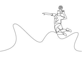 uma linha contínua desenhando jovem jogador de voleibol atleta em ação pulando espiga na quadra. torneio de jogo de esporte de equipe. exercício de atividade de saúde. ilustração vetorial de desenho de linha única