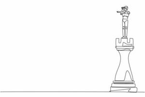 único robô de desenho de uma linha em cima da grande peça de xadrez de torre usando o monocular. desenvolvimento tecnológico futuro. inteligência artificial e processo de aprendizado de máquina. vetor gráfico de design de linha contínua