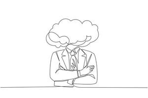 um único empresário de cabeça de nuvem de desenho de linha. homem com cabeça vazia e nuvem em vez disso. conceito distraído, sonhando acordado, ausente e impraticável. ilustração em vetor gráfico de desenho de linha contínua
