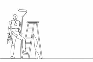 único pintor de robô de desenho de linha em pé com rolo de pintura, com balde e escada. tecnologia futura. inteligência artificial e aprendizado de máquina. ilustração em vetor design de linha contínua