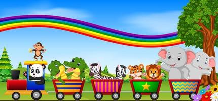 animais selvagens no trem com ilustração de arco-íris vetor