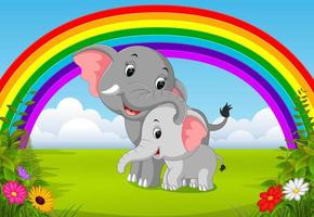elefante e bebê elefante na selva com cena de arco-íris vetor