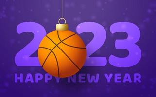 basquete 2023 feliz ano novo. cartão esportivo com bola de basquete dourada no fundo de luxo. ilustração vetorial. vetor
