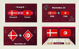 dinamarca vs tunísia, futebol 2022, grupo d. partida de campeonato de competição mundial de futebol contra fundo de esporte de introdução de equipes, cartaz final de competição de campeonato, ilustração vetorial. vetor