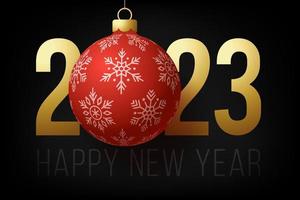 2023 feliz ano novo. cartão de luxo com uma bola de árvore de natal branca e dourada no fundo preto real. vetor