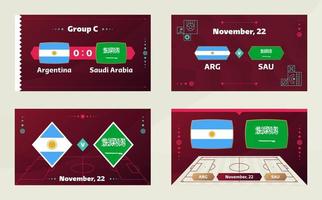 argentina x arábia saudita, futebol 2022, grupo c. partida de campeonato de competição mundial de futebol contra fundo de esporte de introdução de equipes, cartaz final de competição de campeonato, ilustração vetorial. vetor