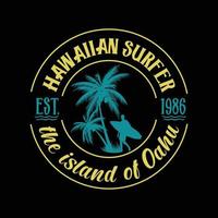 camiseta havaiana surfer est. 1986 the island of oahu beach logo vetor