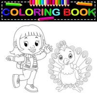 livro de colorir linda garota e pavão vetor