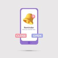 Célula violeta vetorial 3d com maquete de notificação de sino de lembrete e ilustração de design de botões abertos próximos vetor